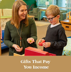 A woman working with a child. Gifts That Pay You Income