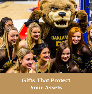 The cheer team smiling with the college mascot. Gifts That Protect Your Assets